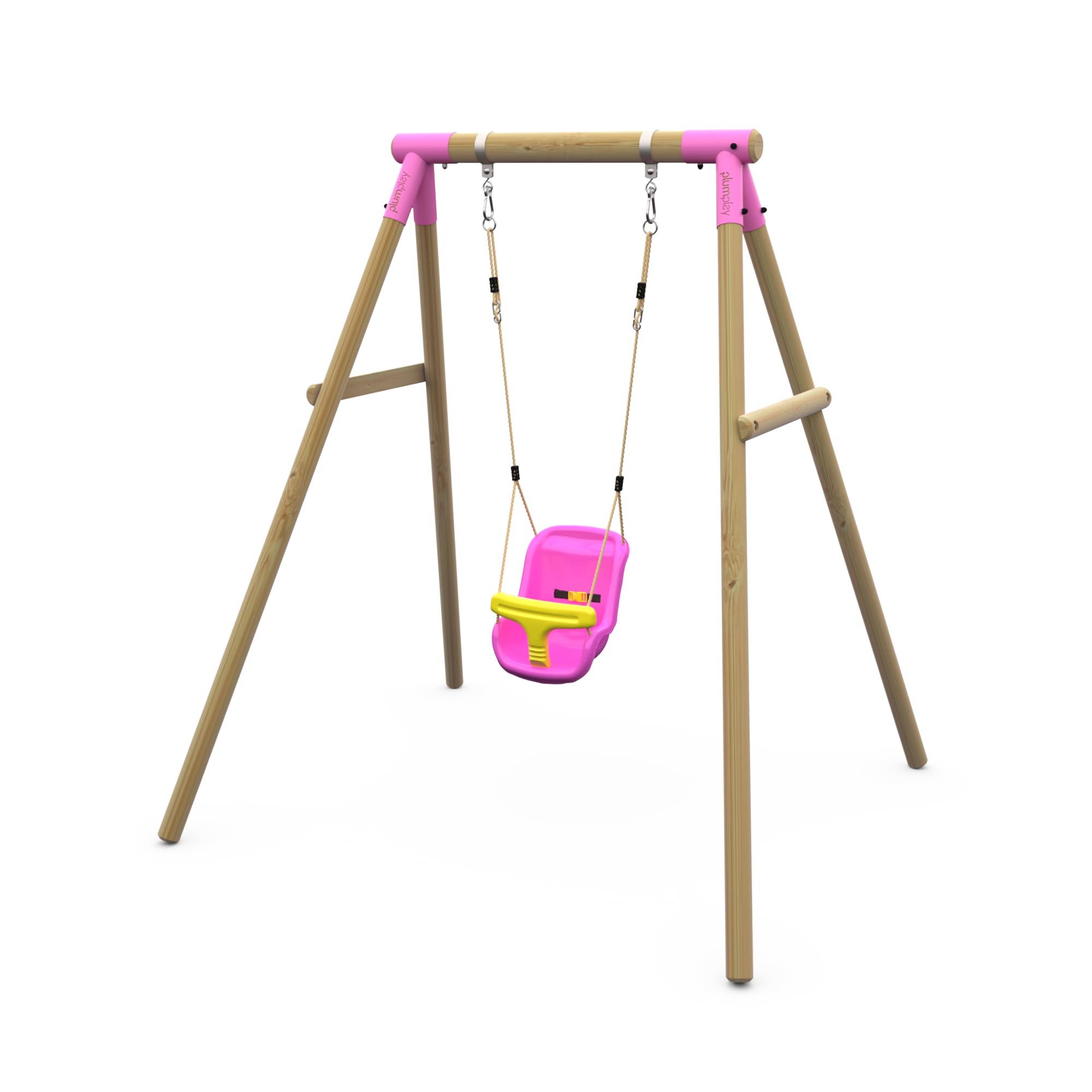 Plum Play Kids Outdoor Wooden Round Pole Garden Swing Set with Ground Anchors - Safe Sturdy A Frame - Suitable for up to 50kg per accessory - Up to 5 year Warranty (Single Pink Baby Seat)