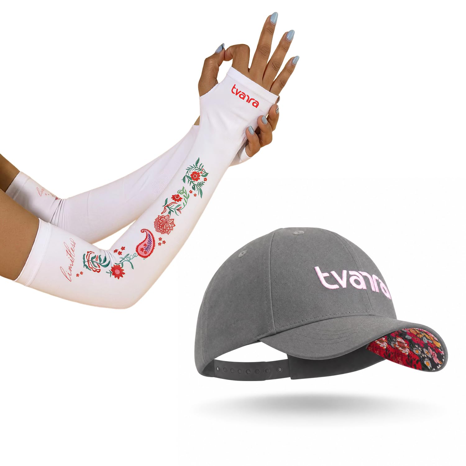 TVARRA Women's Cap and Arm Sleeves Limitless Combo, UPF 50+ Anti-Tan UV Protection, Quick Dry, Breathable Cotton, Bike Riding, Running, Cycling & Monsoon Use (Grey + White)