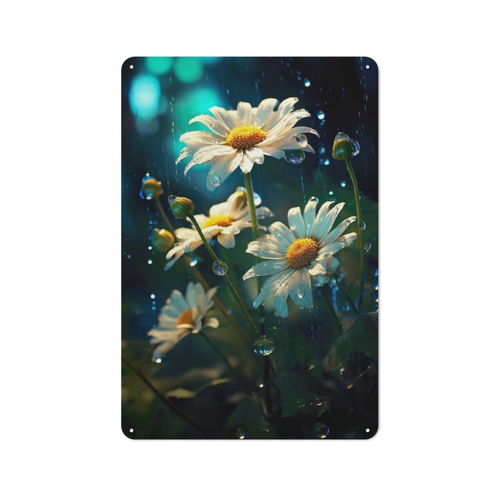 Junmoney Rainy Chamomile Flower Metal Plaque 30X20cm With For Garage Wall, Retro Decor, For Themed Interiors In Garages And Workshops