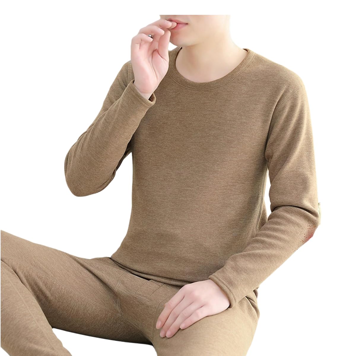 Conjunto Ropa Interior Térmica Traje De Vellón Engrosada Cuello Redondo para Hombres-marrón-4xl