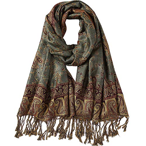 Paisley Flowers Borders Pattern Pashmina Silk Scarf Shawl Wrap Blanket Reversible Comfortable With Fringes (17-Sage Green)