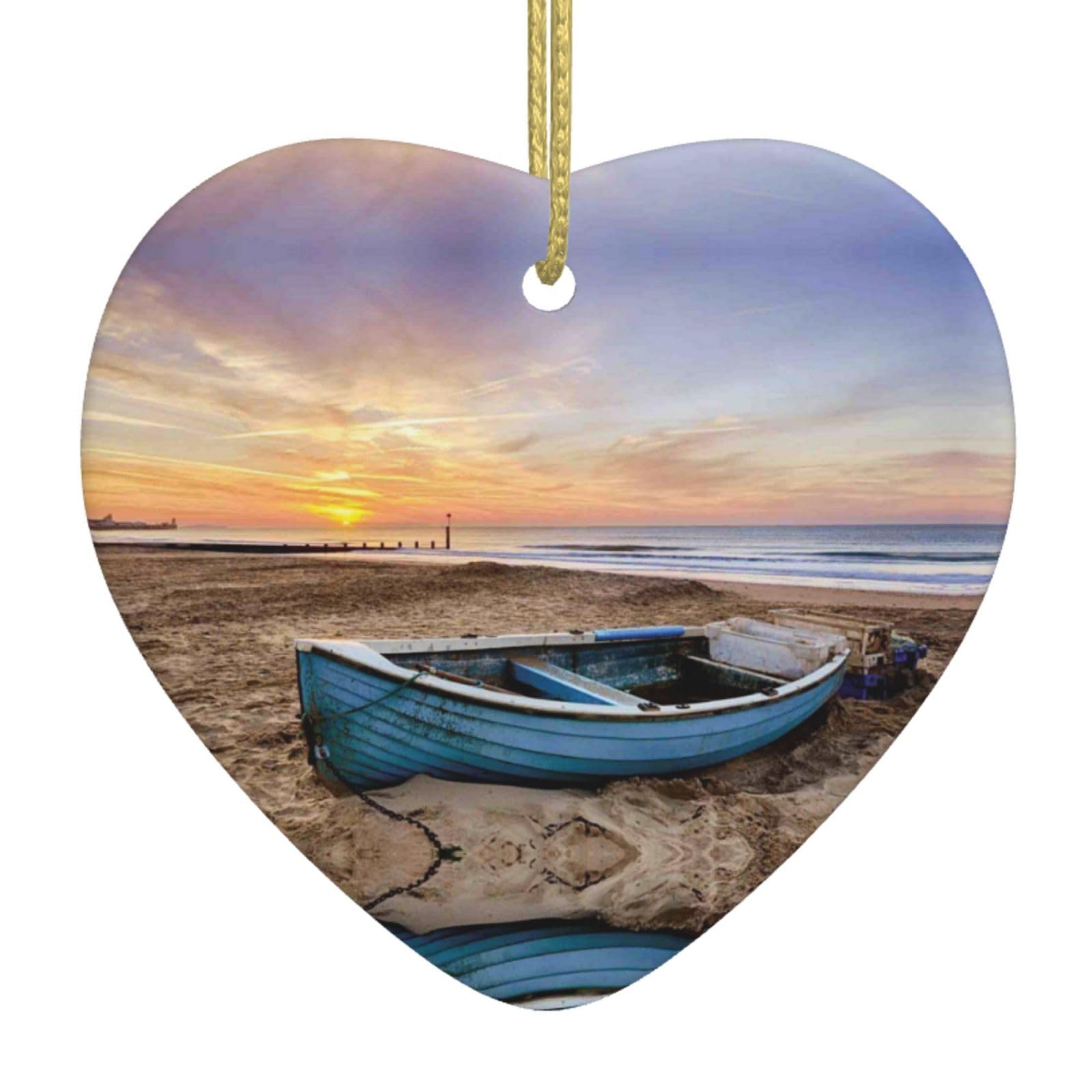 Blue Fishing Boat Christmas Tree Ornaments Christmas Ceramic Ornament,Personalised Print Heart Shape Hanging Decorations