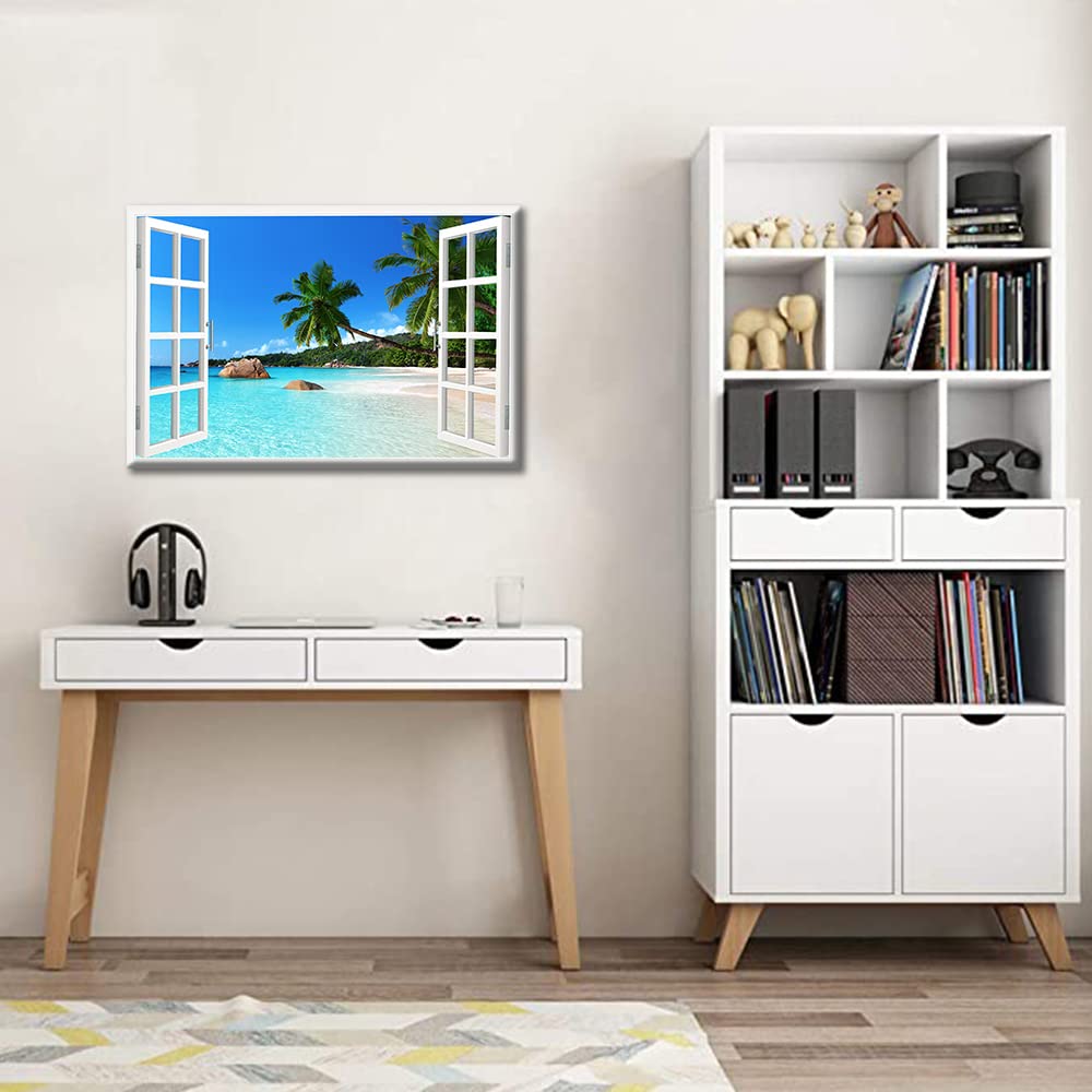 TISHIRON 3D Window Effect View Canvas Wall Art Coconut Tree Beach Seaside Landscap Pictures Kitchen for Living Room Bedroom Office Home Decorations Ready to Hang 12x18inch - Image 3