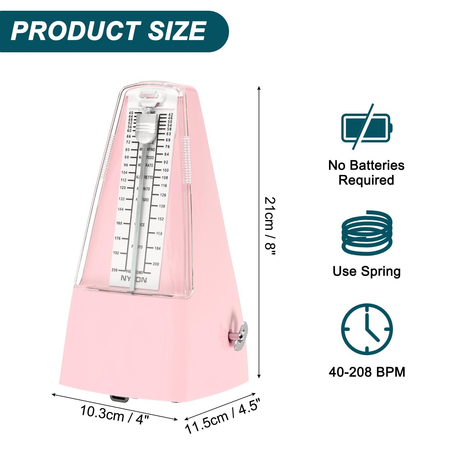 QUARKZMAN Metronome Mecanique, Chronometre Musical De Haute Precision Avec Mouvement En Metal Metronome Universel Pour Piano Guitare Violon Ukulele Player, Rose