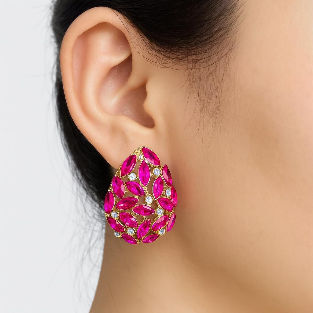 Gold Plated Teardrop Clip On Earrings for Women – Shiny Rhinestone Chunky Cubic Zirconia Dangle Drop Earrings, Hypoallergenic Non-Pierced Jewelry for Wedding, Party, Prom, Gifts - Image 3