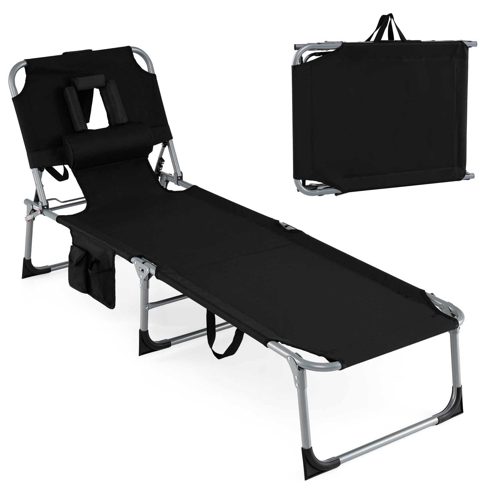 COSTWAY Folding Sun Lounger, 4-Position Adjustable Garden Chaise Lounge Chair Sunbed with Face Arm Holes, Pillows and Side Pocket, Outdoor Sunbathing Tanning Recliner for Patio Beach Camping (Black)