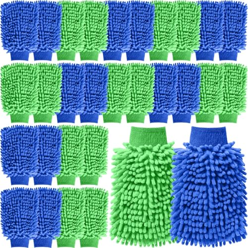 Image of Patelai 30 Pcs Car Wash Mitts Bulk Microfiber Scratch Free Detailing Chenille Car Washing Gloves Hand Double Sided Absorbent Cars Sponge for Washing Cleaning Trucks Boats, 9.45 x 5.9 Inch(Green,Blue)