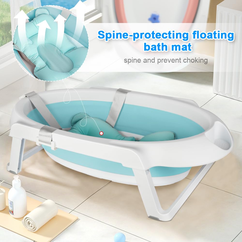 Bañera plegable para bebé con soporte, ergonómica con cojín, diseño blanco y rosa, drenaje integrado (verde)