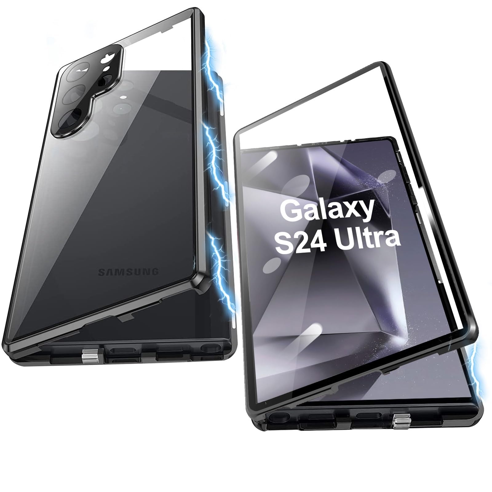 Sponsored Ad – for Samsung Galaxy S24 Ultra Case, Screen Protector+Camera Protector+Safety Lock, Double Sided Clear Tempered Glass Full Screen Covered Magnetic Adsorption Metal Bumper (Black)