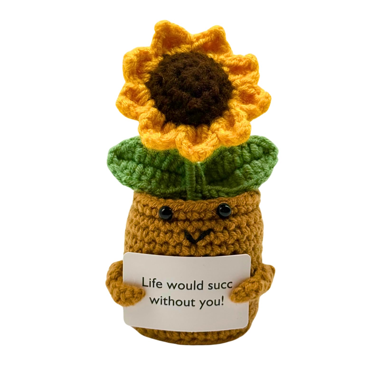 CATTITUDE Mini Positive Crochet Sunflower with Uplifting Card- Cheerful Cute Desk Decor, Handmade Birthday Gifts for Women Men Teens Girls, Emotional