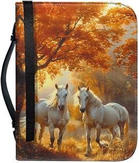 Kuiaobaty Funda de piel sintética con cremallera y bolsillo para bolígrafo, diseño de caballos del bosque, con asa, color blanco vivo