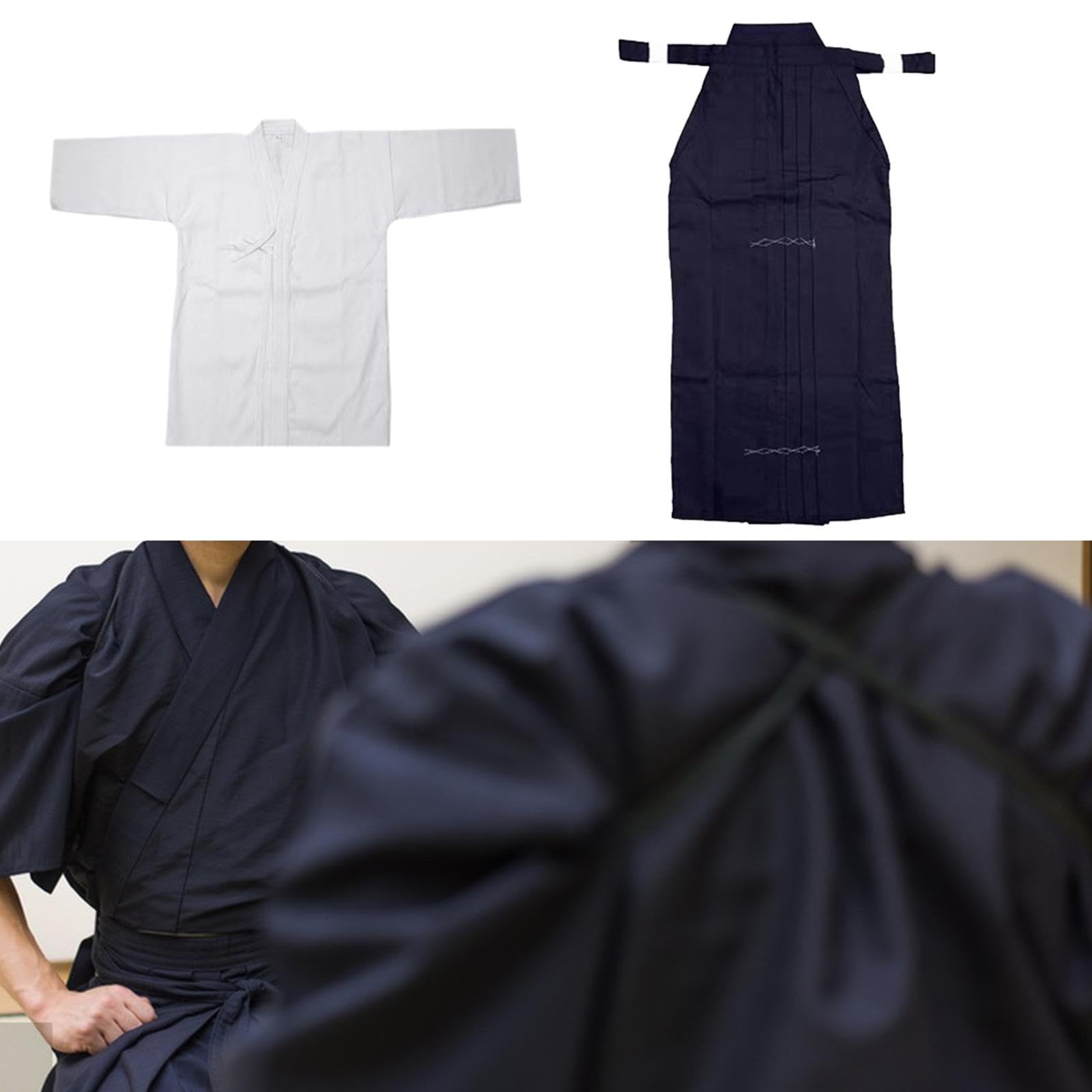 Kendo Hakama Set Completo Abbigliamento Arti Marziali Abito Samurai Aikido Kimono Tradizionale Poliestere per Allenamento- Bianco e blu