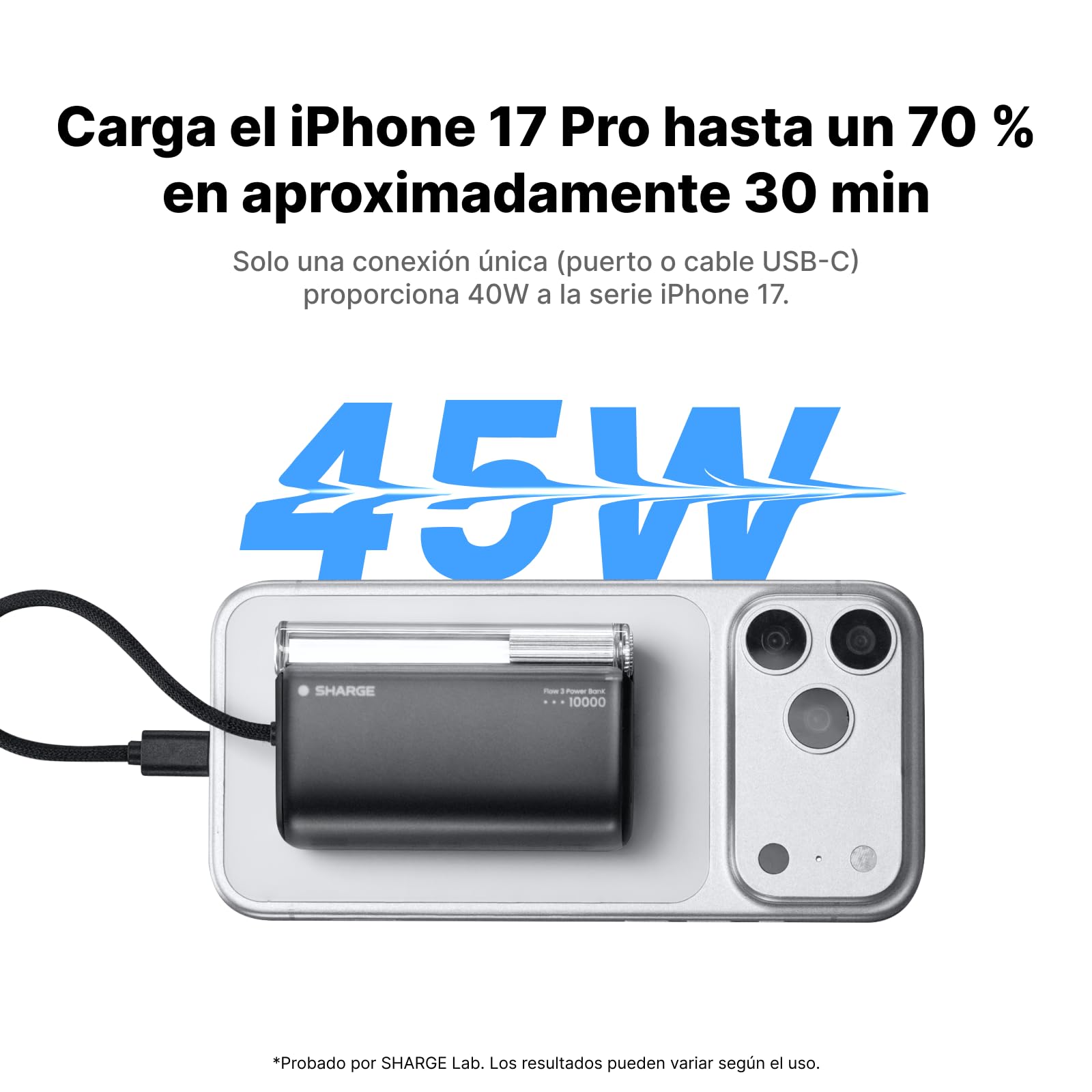 SHARGE 45W Power Bank Carga Rápida 10000mAh, Cargador Portátil USB-C | con Cable USB-C Integrado, Indicador LED de Baterí Cargador Portátil Compacto para Viajes, para iPhone 17/16/15/14/13/iPad