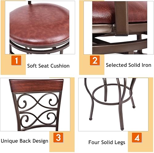 Miniatura 5 de Taburete de bar giratorio de 30 pulgadas de altura de asiento, taburetes de bar giratorios de 360 grados con asiento acolchado de cuero, sillas de