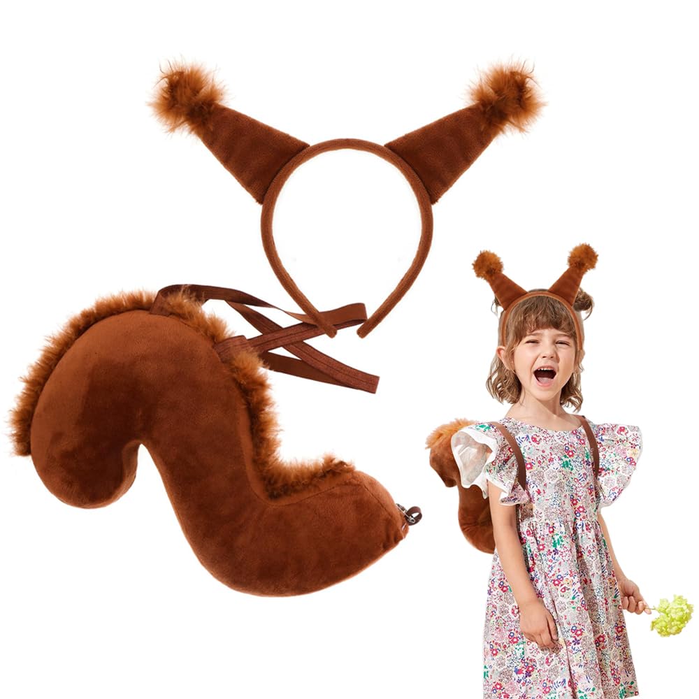 Azonee Animal Squirrel Costume Set, Squirrel Ears and Tail with Headband, Animal Cosplay Costume Accessories for Halloween, Fancy Dress Birthday Party Supplies, Brown