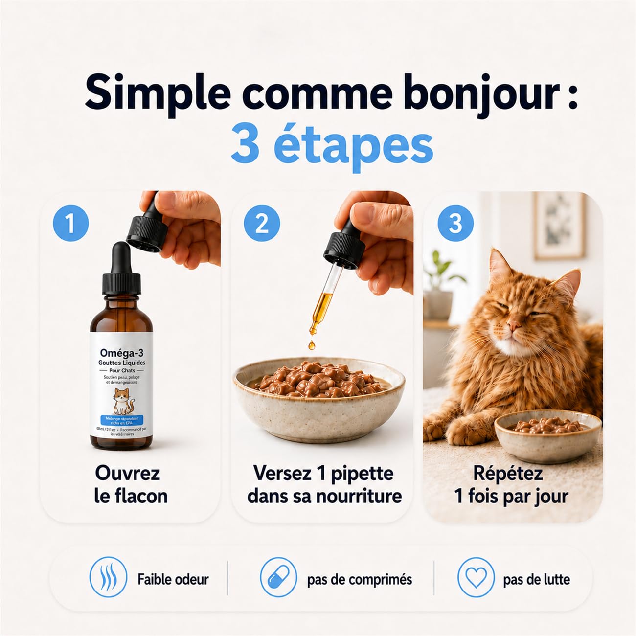 Gouttes d'Oméga-3 pour Chats – Huile de Saumon Purifiée avec EPA & DHA + Vitamine E | Complément Naturel Anti-Démangeaisons, Pelage Brillant & Peau Saine | Facile à Administrer