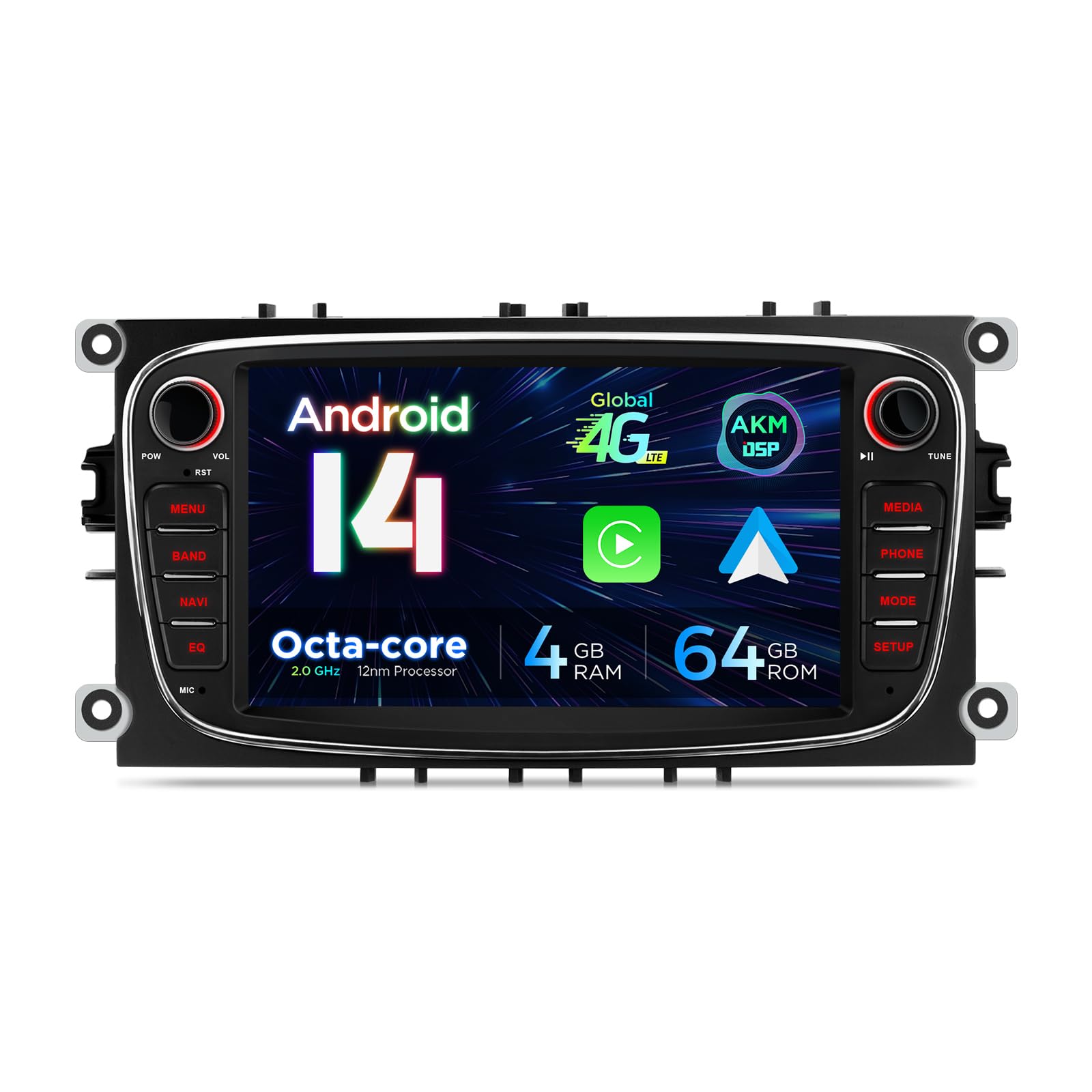 XTRONS Android 14 Car Stereo Octa-Core 4GB+64GB Car Radio for Ford FocusⅡ/C-Max/Mondeo/S-Max/GalaxyⅡ, 7" Radio Player with 4G ASM DSP 2K CarAutoPlay Auto GPS Navigation Bluetooth New UI, Optional DAB+