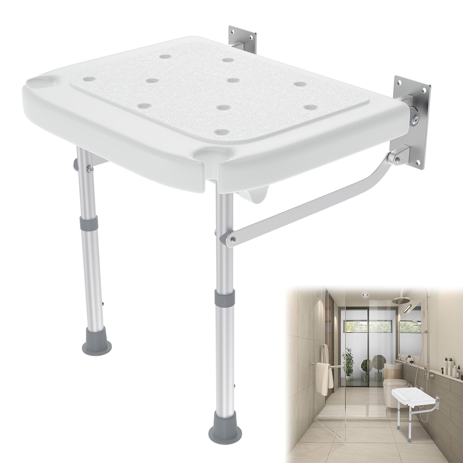 LILIIN Duschklappsitz zur Wandmontage, Klappbarer Duschstuhl mit Stützfüßen, Höhenverstellbarer Badsitz mit rutschfesten Füßen, Duschhilfe für Senioren und Menschen, Belastbar bis 200kg
