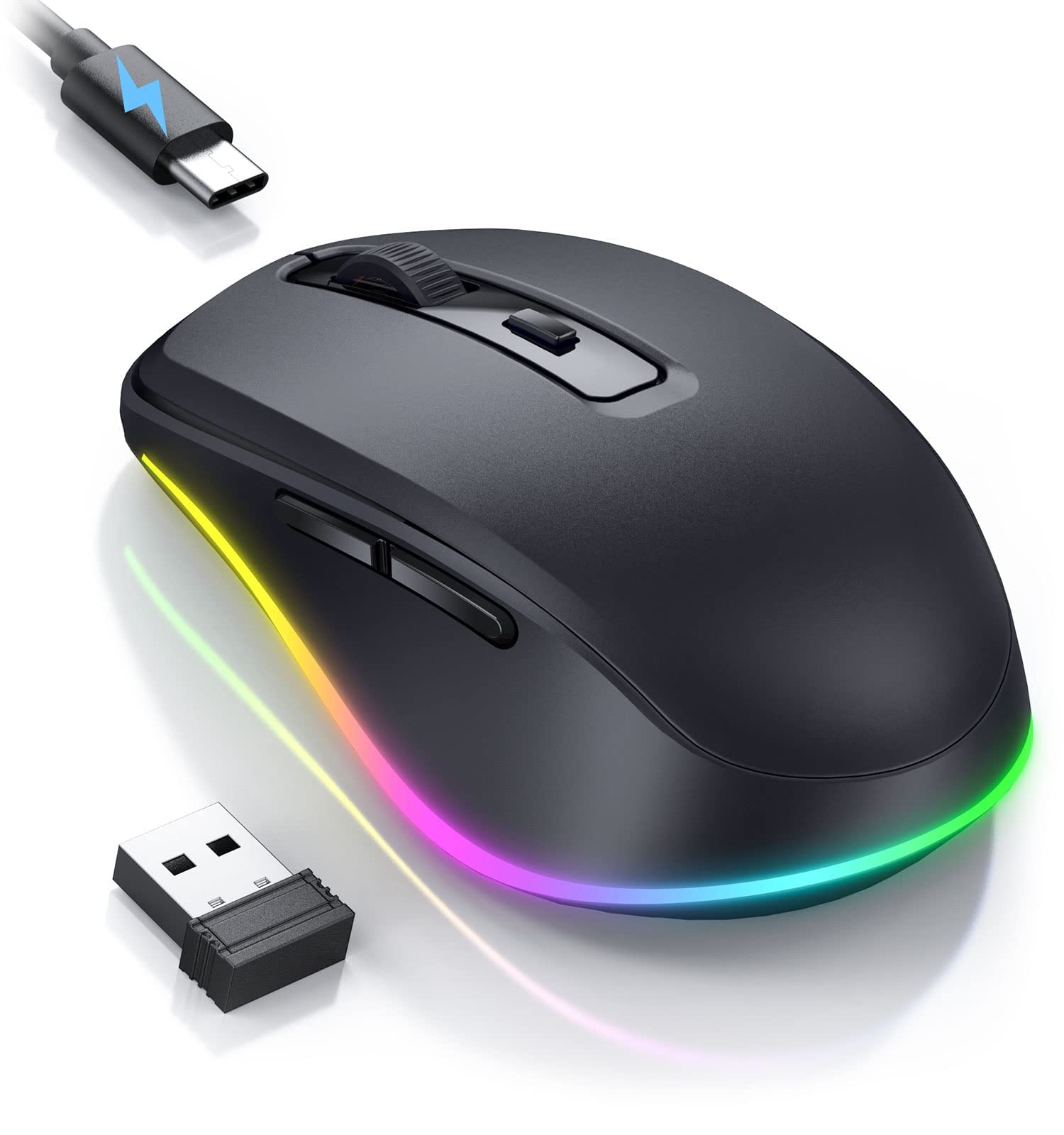 Wireless Mouse, Rechargeable Light Up LED Mouse for Laptop, 2.4G USB Silent Mice with Built in Jiggler Mover, Undetectable Simulate Mice Movement to Keep Computer Awake, Black