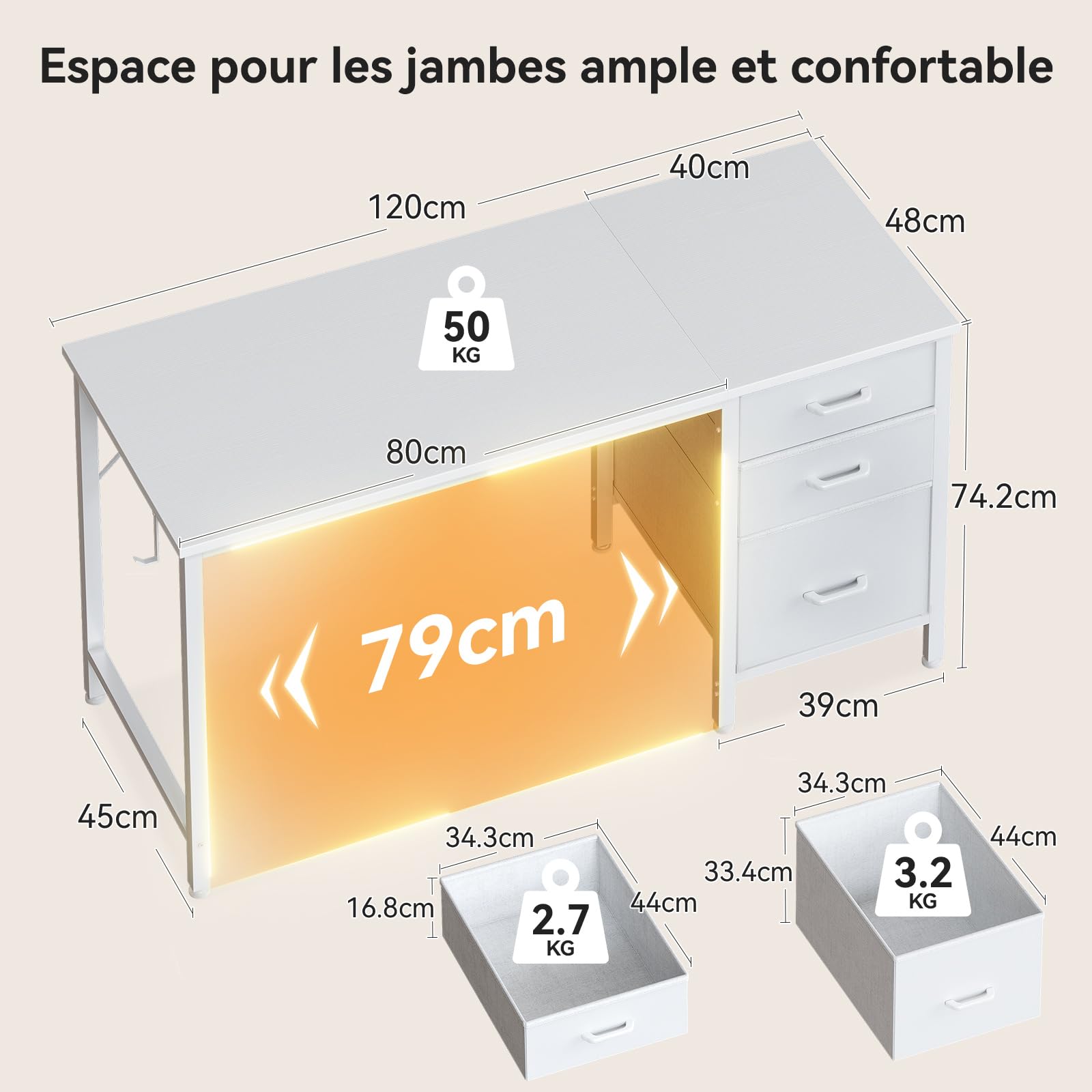 Coleshome Bureau avec 3 Tiroirs en Tissu, 120x48cm Bureaux Informatique avec Porte-Casque, Blanc Bureau D'ordinateur Réversible pour Petit Bureaux à Domicile