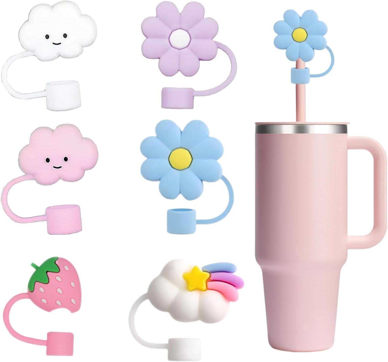 10mm Straw Cover for Stanley Cup, Compatible 6Pcs Cute Cloud Blossom Strawberry Straw Toppers for Tumblers, Reusable