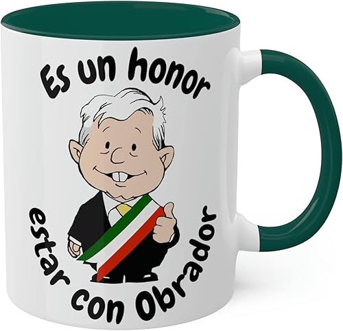 AMLO - Taza de café Es un Honor Estar con Obrador con divertidos dibujos animados Muñeco AMLITO, taza de cerámica blanca brillante con colores