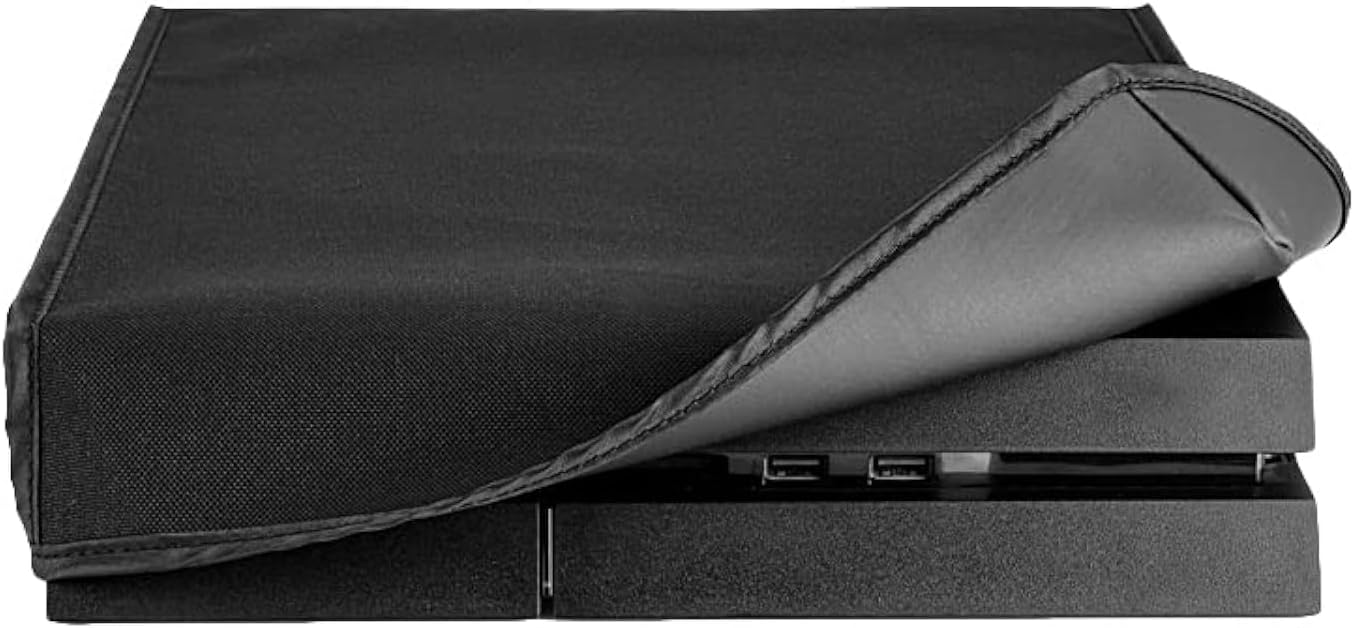Black Horizontal Dust Cover for PS4 Console Custom Designed Double Layer Soft Neat Lining Waterproof Dustproof Precision Cut Easy Access Cable Port