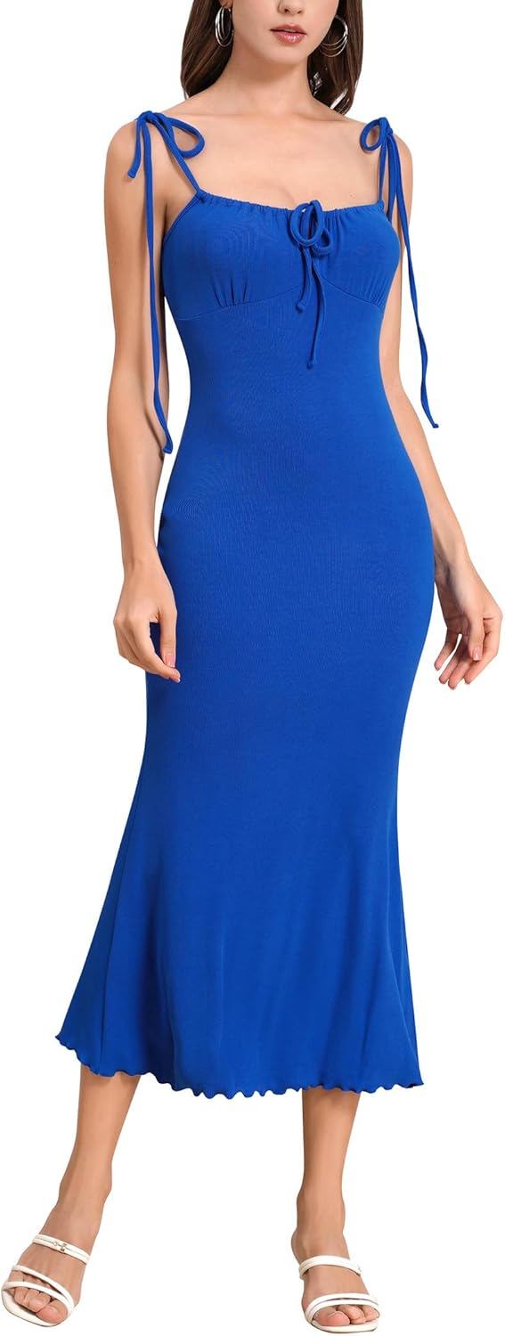 Womens Tie Shoulder Drawstring Ruched Bust Mermaid Hem Cami Slip Dress Bodycon Maxi Evening Party Dress