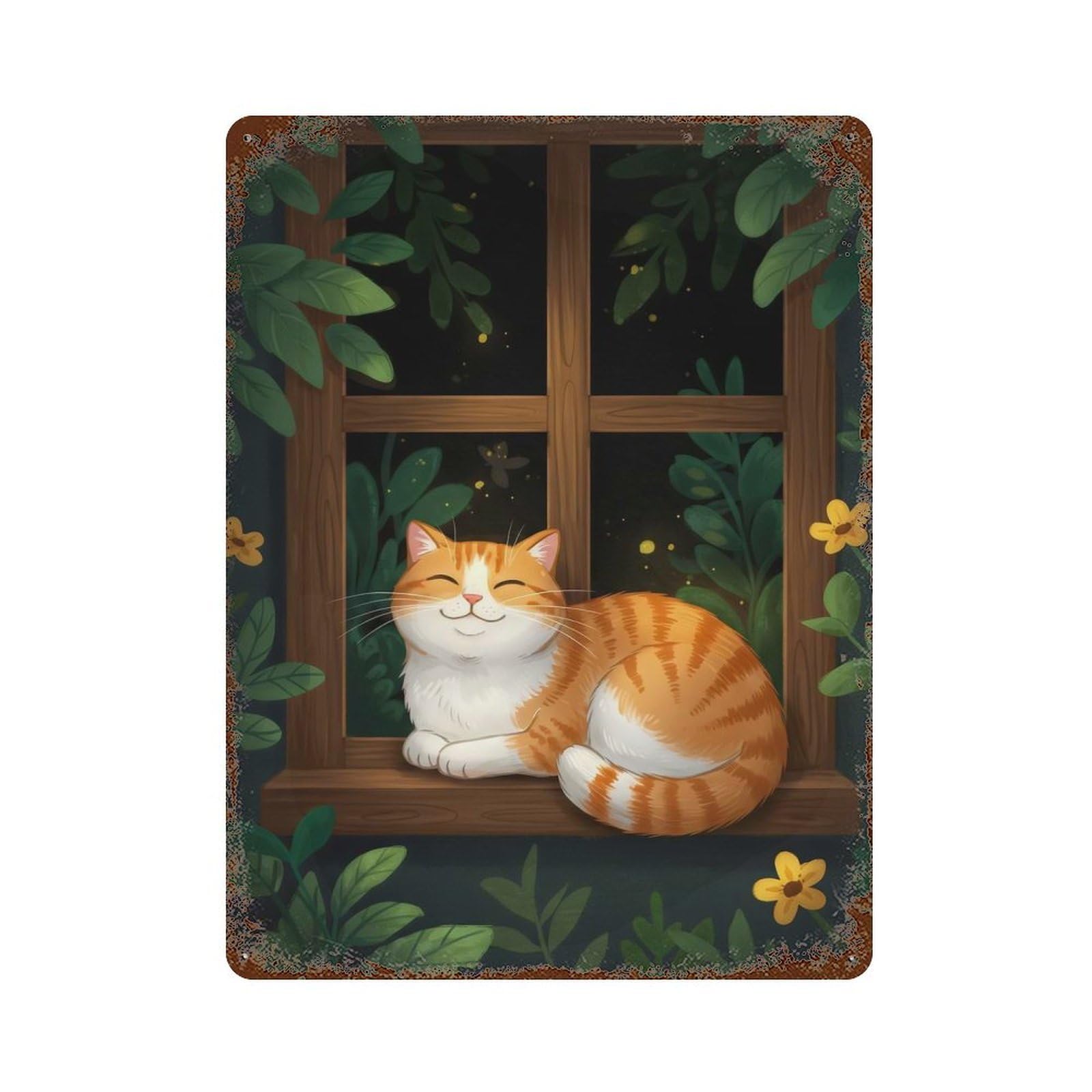 Smiling Cat on Window Sill Weathered Tin Sign 15.7"x11.8", Classic Wall Plaque for Garage, Bar And Workshop Decor