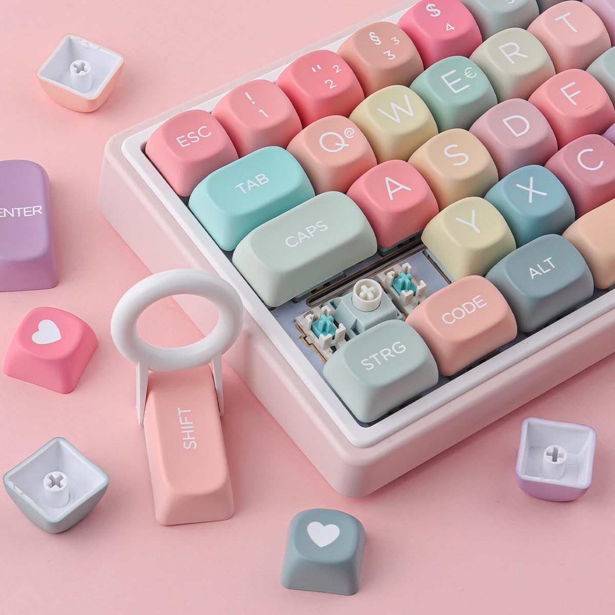 Sunzit Keycaps, 132 Tasten MOA Profil PBT ISO DE Keycaps Niedliches Regenbogen Bonbon Set mit individuellen Tastenkappen für Cherry MX-Schalter ISO DE Layout Mechanische Gaming Tastatur(DE Layout)