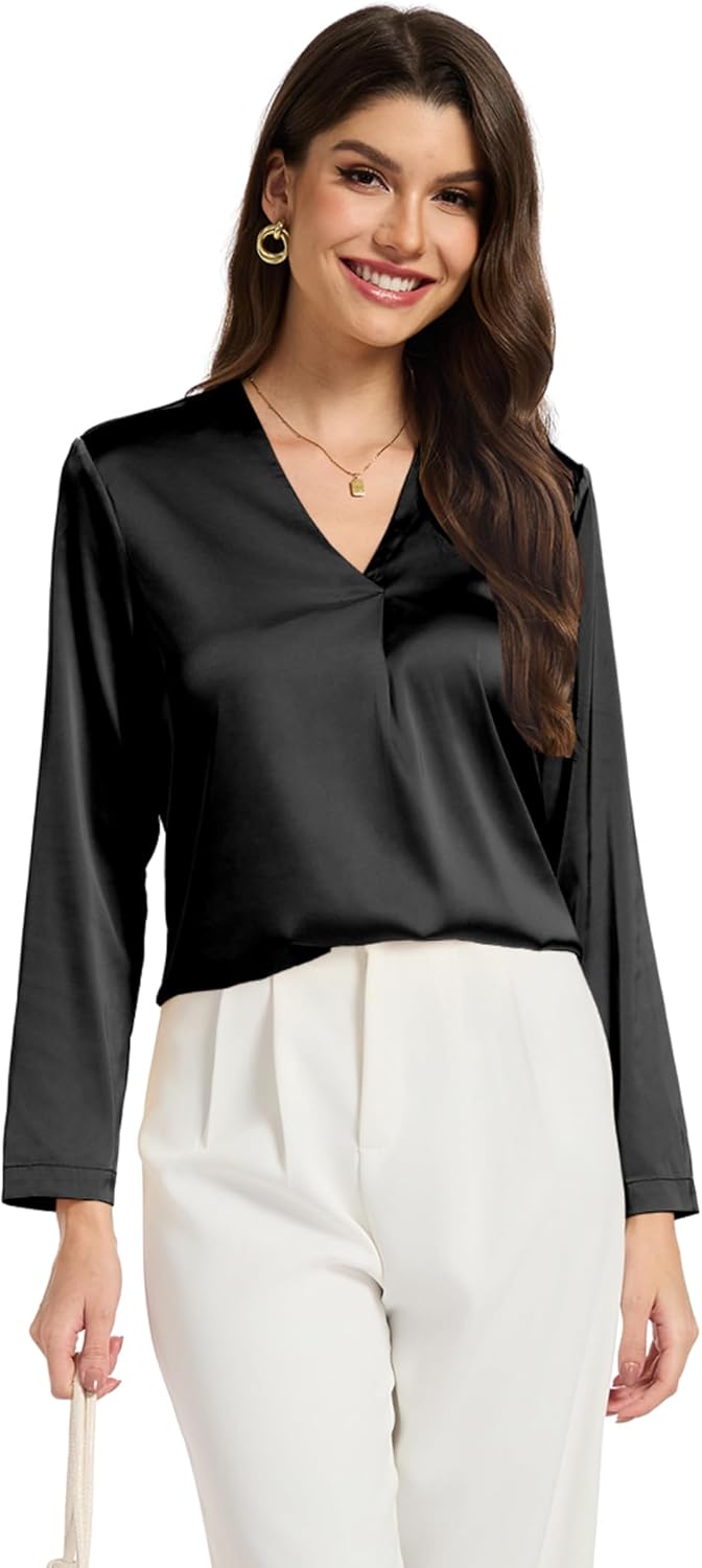 Womens Silk Satin Blouses V Neck Long Sleeve Tops Casual Dressy Shirts - Image 7