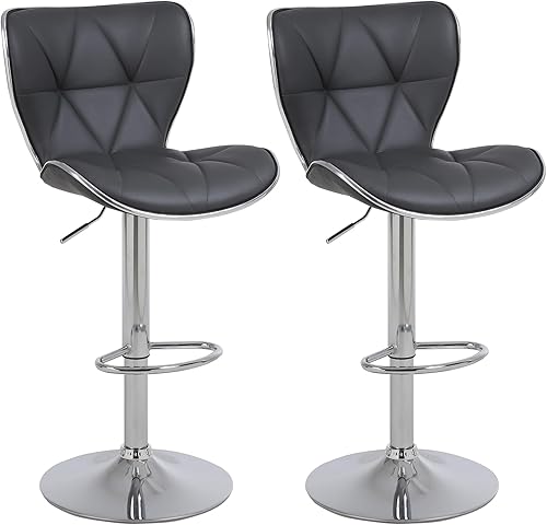 Chummaven Juego de 2 taburetes de bar giratorios ajustables con respaldo de concha, modernos taburetes de bar de piel sintética con base cromada sin