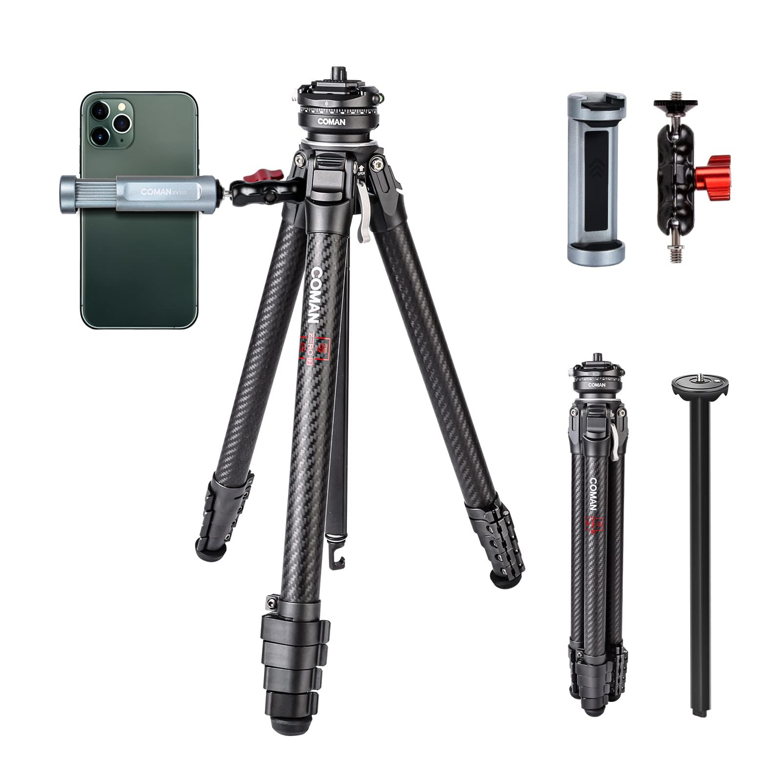 COMAN Zero F38 Carbon Fiber Kamerastativ mit 360° Panoramakugelkopf und Video Stative für alle DSLR-Kameras, Leichtes Reisestativ mit 15,3–156,7 cm Höhe, Mittelsäule, Tripod Maximale Traglast 18kg