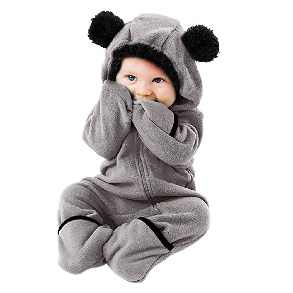 Huttam Pyjama Bebe Fille 0-12 Mois Hiver Polaire Epais Avec Pieds Zip Combinaison Bebe Fille Naissance Avec Capuche Oreille De Ours Grenouille Barboteuse Body Bebe Garçon Vetement (Coffee, 0-3 Mois