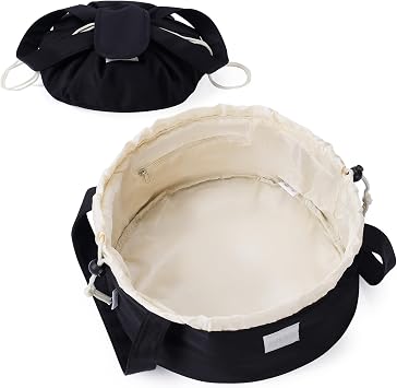 Narwey Lay Flat Open Drawstring Makeup Bag, Large Cosmetic Bag for Women Girls, Cute Make up Bags with Handle, Portable Travel Toiletry Bag for Skincare, Brushes & Travel Essentials Black