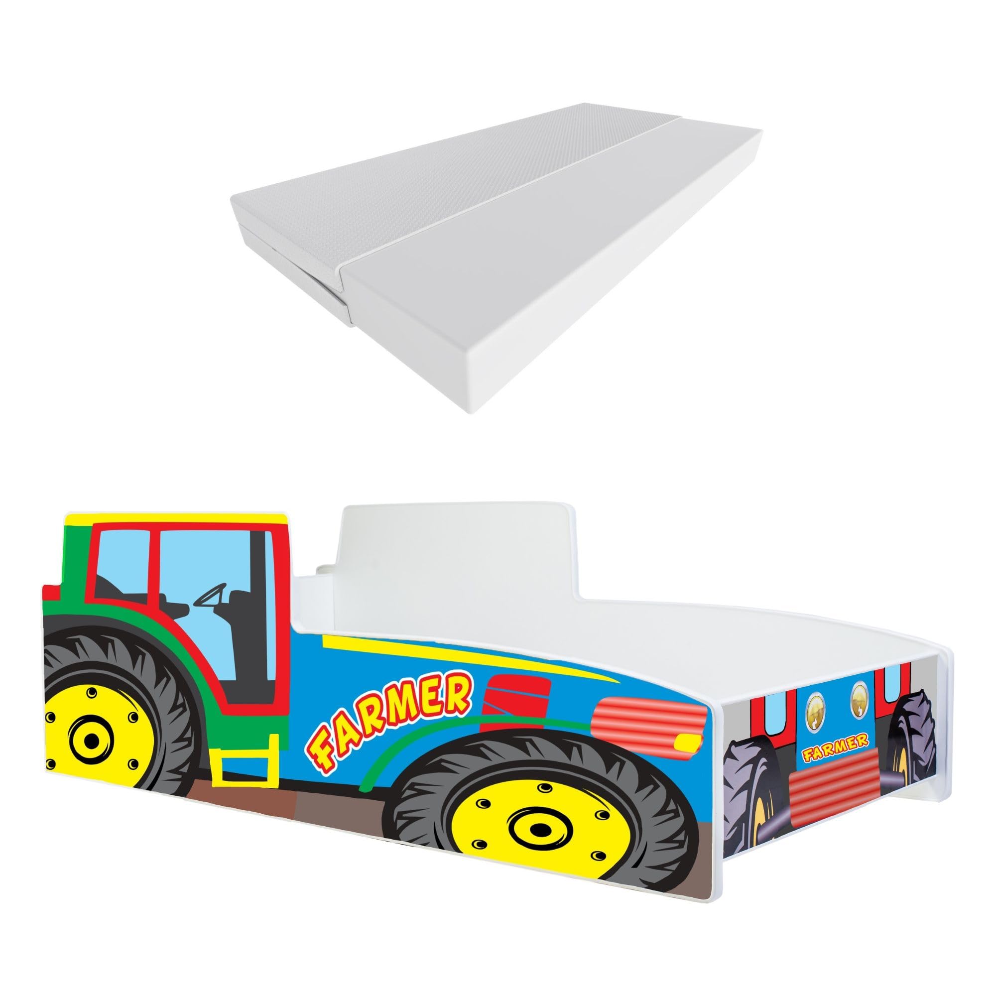 KOBI Kinderbett mit Rausfallschutz Bauernhof | Mehrfarbiger Traktor | 160 x 80 cm | Jugendbett mit Matratze | Kinderbetten Jungen Mädchen | Einzelbett Kinder Bett Autobett