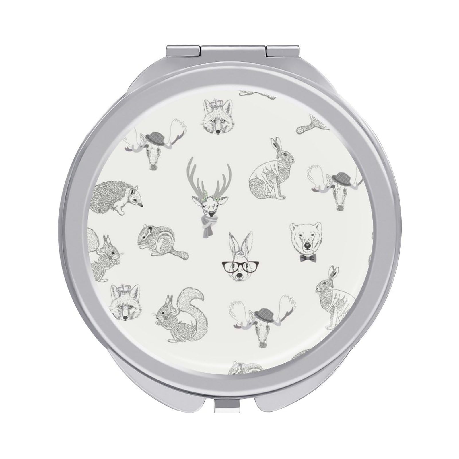 Rabbit Hare Squirrel Deer Elk Hedgehog Fox Bear Folding Make Up Mirror, Compact 2X/1X Magnification Mirror, Women Portable Travel Makeup Mirror 2.4 x 2.4 inch