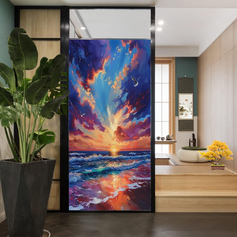 Abstract Ocean Frosted Window Privacy Film, Sunset Birds Watercolor Waves Window Glass Covering, Adhesive Window Sticker Decals for Home 35.4Wx55.1L inch