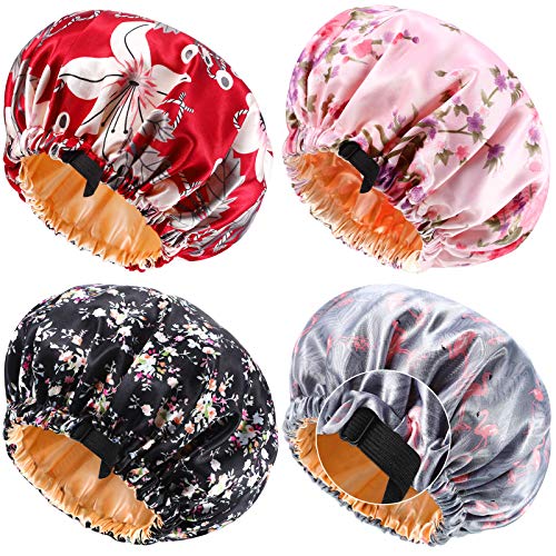 4 Pieces Satin Bonnet Adjustable Sleep Cap Double Layer Printed Hair Bonnet Large Reversible Sleeping Silk Night Hair Cap for Women Natural Curly Hair (Floral, Flamingo, Flower)