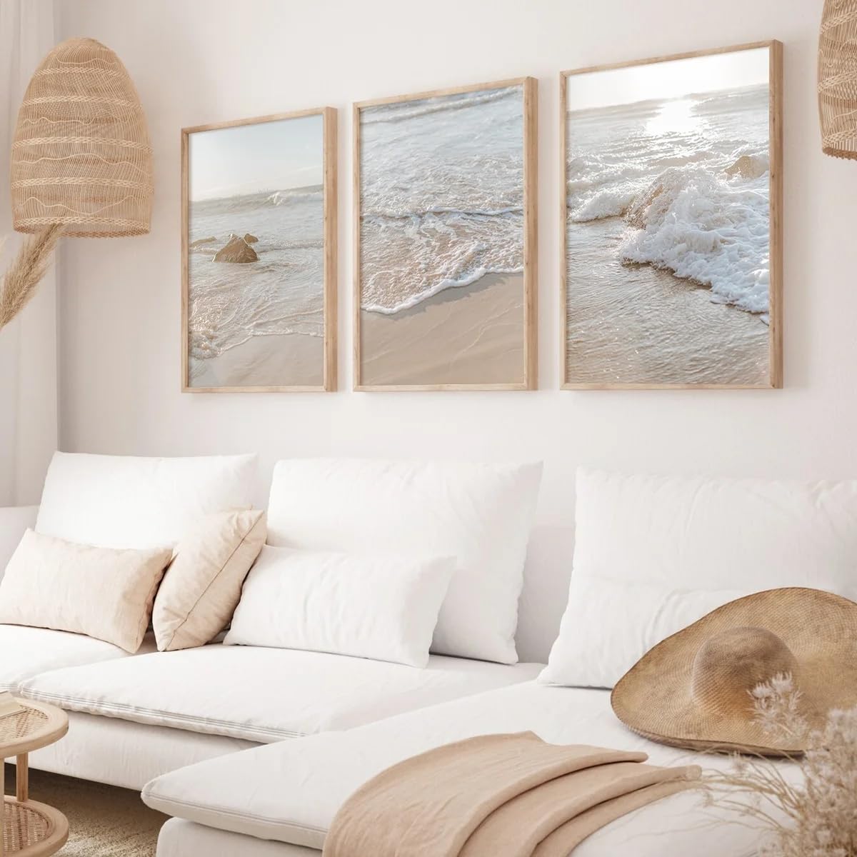 Splendide stampe su tela in stile bohémien sui toni neutri del beige raffiguranti un paesaggio marino con spiaggia, poster dell'oceano e decorazioni moderne per la casa (70x100 cm x 3/senza cornice)