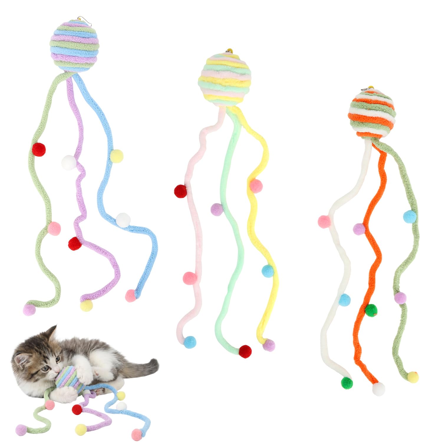 3PCS Cat Toys, Macaron Pom Pom Balls on Rope, 32cm Interactive Kitten Toys in Assorted Pastel Colors
