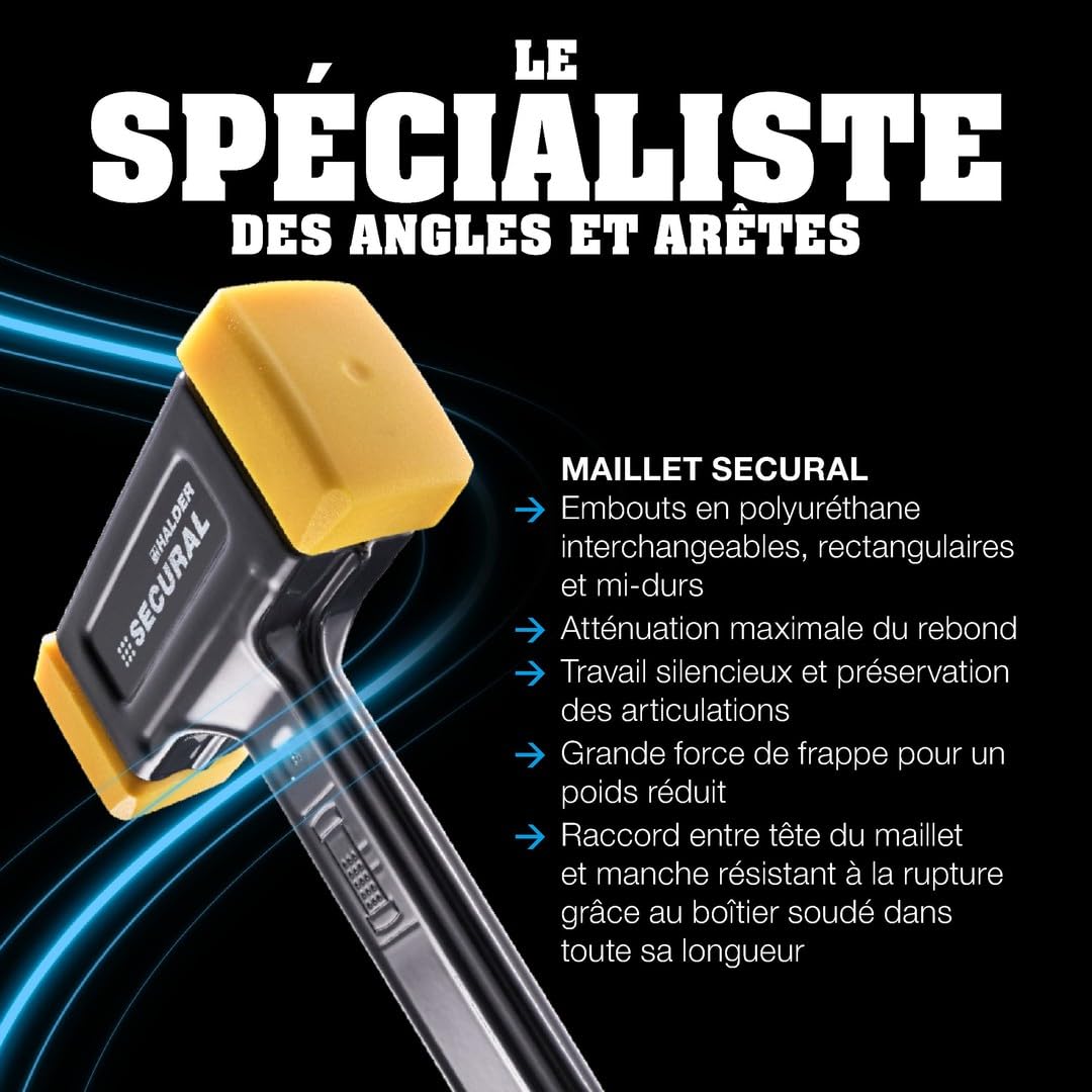 Maillet SECURAL plus, Tête et manche incassables fabriqués dans une seule et même pièce d’acier, embouts rectangulaires, avec extrémité de la poignée spéciale | l=30 mm/b=40 mm | 3380.140