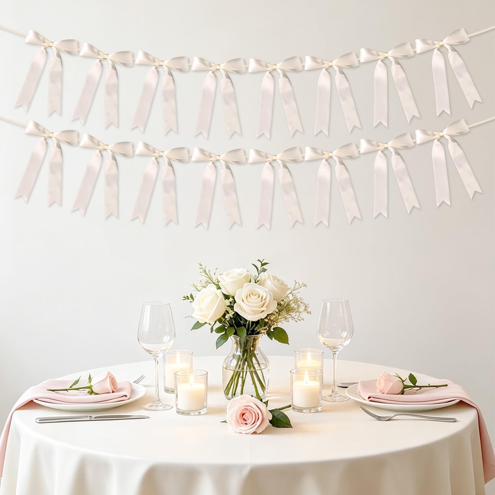 BOXOB 2 Strings Cream Bow Garland Banner, Satin Ribbon Bows Decoration