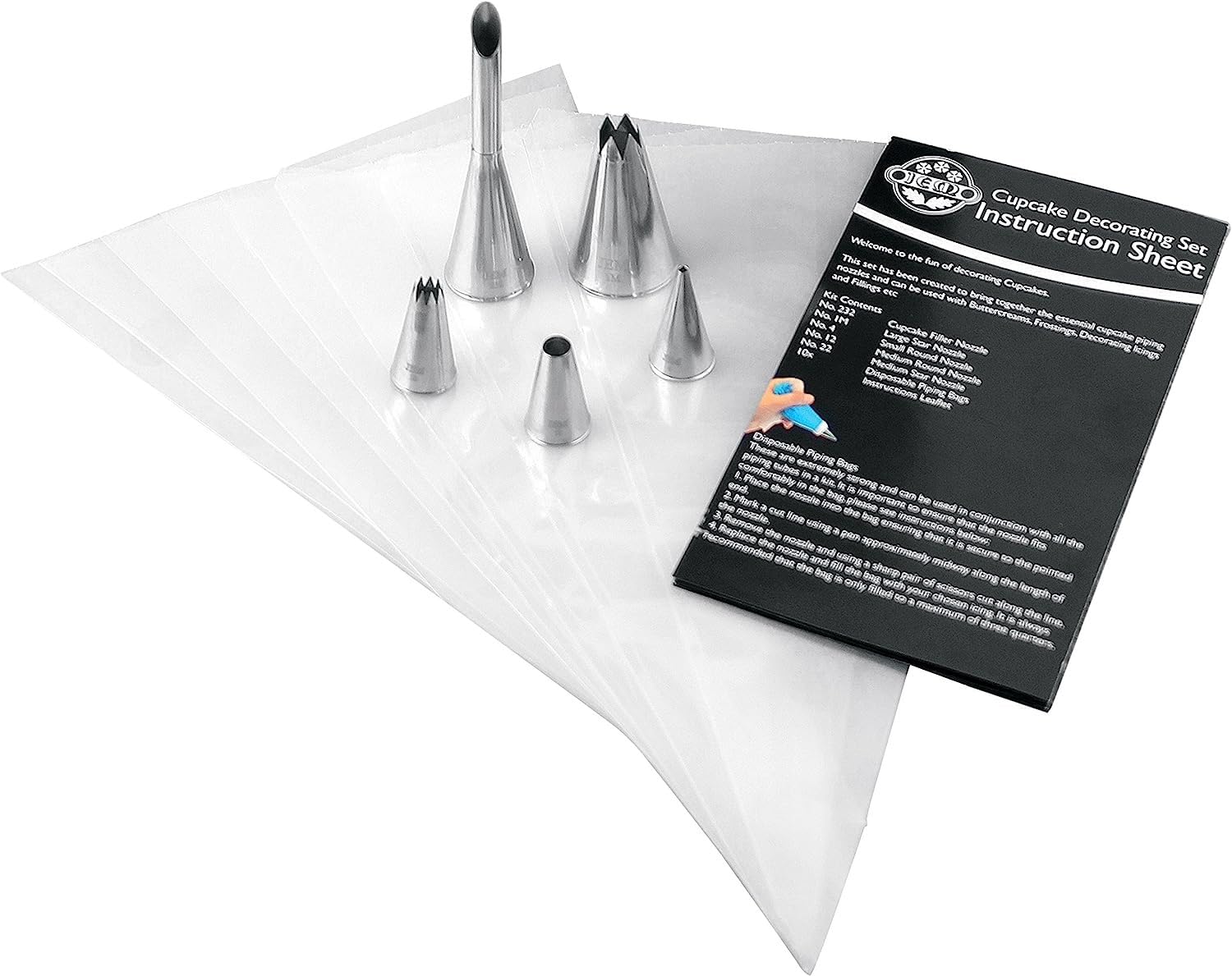 PME Set Per Decorare Cupcake: 5 Bocchette In Acciaio Inox + 10 Sac à Poche Monouso