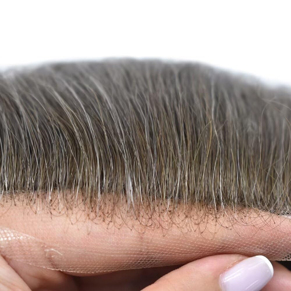 Human Hair Wig Units for Man French Lace Toupee for Men Hairpiece Transparent Swiss Lace Front Mens Toupee Male Hair Prosthesis Black Brown Blonde Gray Hair #530 Medium Light Brown with 30% Gray