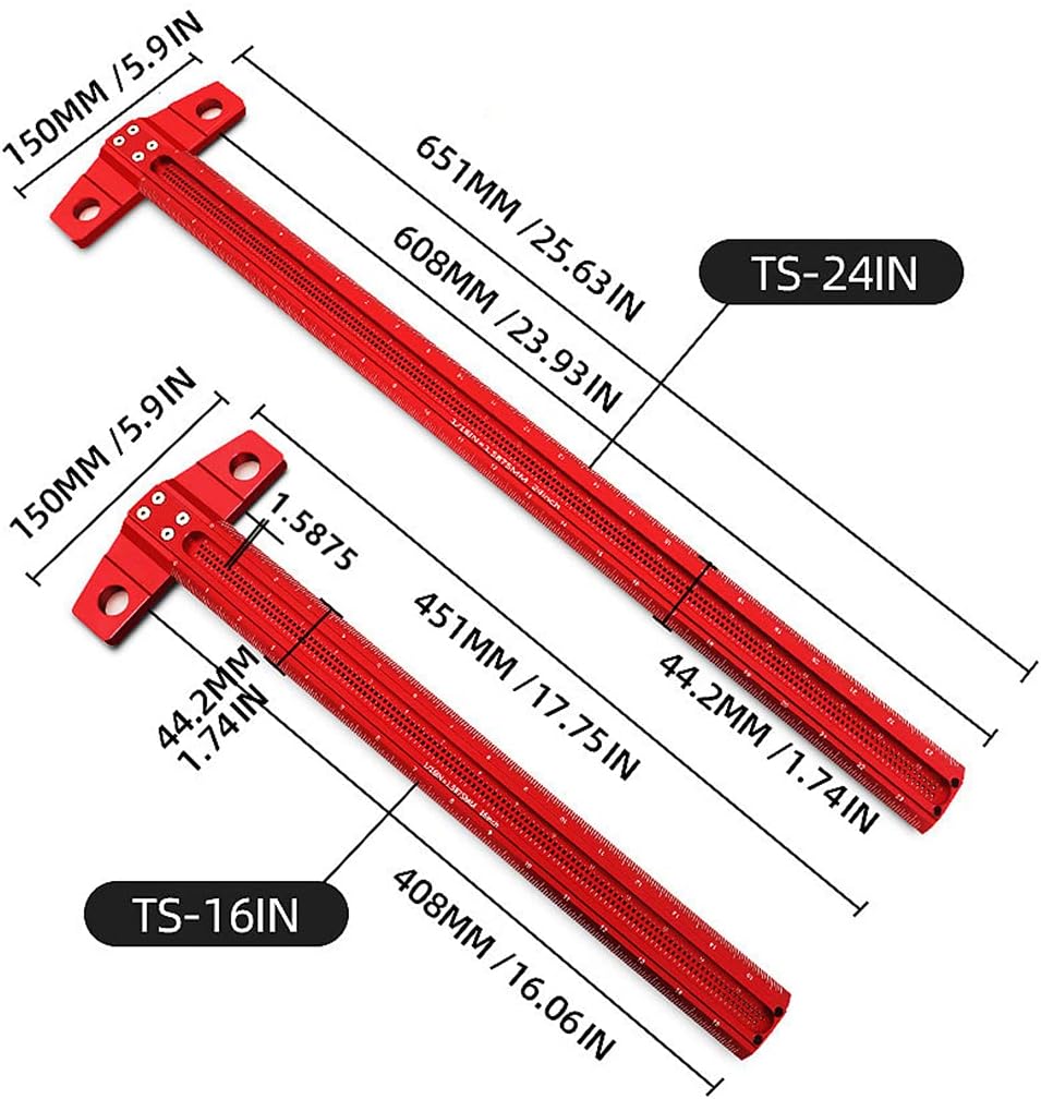Unkows T Type Woodworking Scriber Ruler 16in/24in Architect Ruler Square Drafting Ruler Aluminum Alloy Ruler for Carpenter T Type Wood Measure Ruler 16in/24in English Scale for Carpenter Woodworking