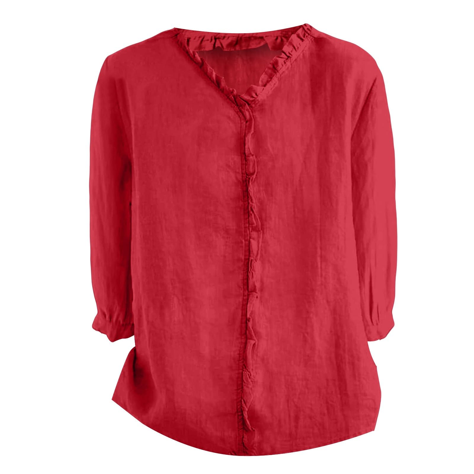 T-shirt à manches 3/4 pour femme, col en V, coton et lin, microfibre, chemises avec volants, couleur unie, tunique ample confortable, chemisier polyvalent, élégant, tendance, décontracté