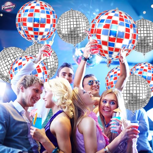 Image of 6pcs 22 Inch Colorful Disco Ball Balloons, Silver Big Disco Balloons, Blue Red Silver 4d Large Foil Balloon For Birthday Baby Shower Independence Day 70s 80s 90s Theme Party Wedding Engagement