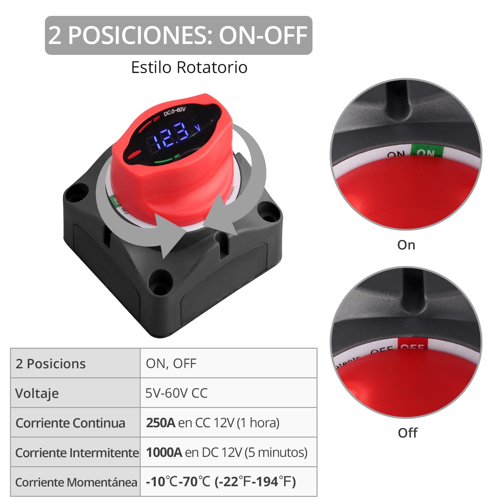 Justech Desconectador de Bateria Coche ON-OFF,5 V-60 V Interruptor de Batería con Pantalla LED para Camión,RV, Caravana,Barco,SUV