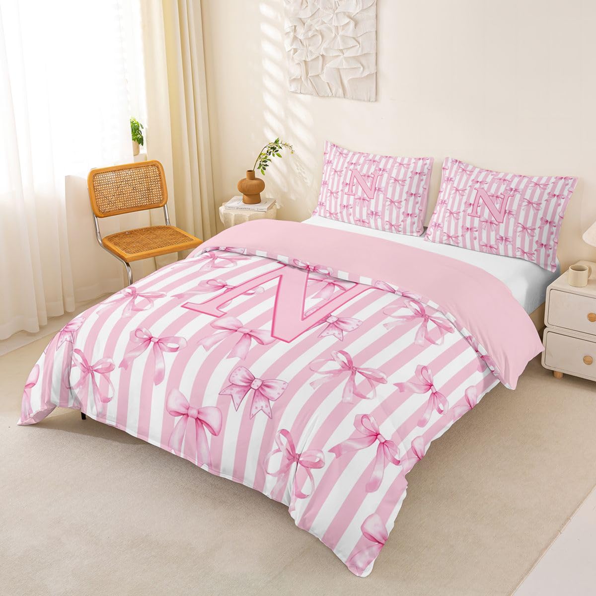 Homewish Inicjał litera N kokarda różowe paski alfabet podwójna pościel kokarda pasek kawaii poszewka na kołdrę zestaw marzycielska księżniczka poszewka na kołdrę ciepła miękka pościel